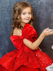 Nouvelle Robe d'Été Princesse <span class=keywords><strong>Rouge</strong></span> à Paillettes et Motif Floral pour Enfants, Taille Petite à Moyenne, Style Doux avec Nœud pour Noël - Product Image 3