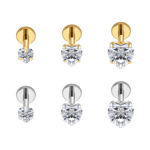 Đồ trang sức khuyên tai bằng titan ASTM F136 cao cấp, cỡ 16G, gắn đá CZ hình trái tim, ren trong, mặt sau bằng phẳng, dùng cho sụn tai, khuyên tai, khuyên mũi. - Product Image 1