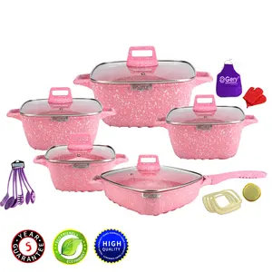 Hot Cooking Induction Die Cast Aluminum Pots Pink Cream speckles Pans Nonstick Granite Cookware Set