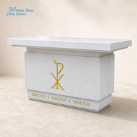 Table d'autel d'église en marbre blanc naturel personnalisée avec symbole religieux doré pour la décoration de la chapelle et de la cathédrale