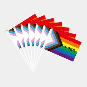 LGBT Rainbow Mini Flag Hand Held Small Miniature Pride Gay Flags Party Decorations Supplies 5*8 Inch with Solid Pole Spear Top