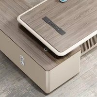 Bureau de direction moderne et luxueux avec éclairage LED, table de PDG en forme de L avec armoire latérale, bureau de patron en bois