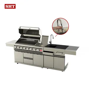 Panggangan Gas Stainless Steel Komersial Bbq Kustom untuk Dapur Outdoor Modern Dua Sisi