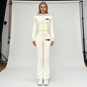 ชุดเซ็ทลำลองสไตล์วอฟเฟิล 2 ชิ้น สำหรับผู้หญิง เสื้อฮู้ดแขนยาวแบบซิป และกางเกงทรงบาน ชุดวอร์มเข้ารูป - Product Image 2