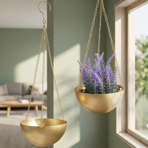 Modern Decorative Brass-Tone Bowl Hanging Planter with Metal Chains - Product Image 3