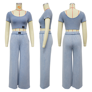 Ensemble pantalon d'été décontracté deux pièces stretch rétro avec col en <span class=keywords><strong>U</strong></span>, haut court, t-shirt et pantalon taille haute à jambes larges - Product Image 5