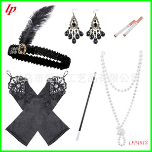 LPP4613 1920s Vintage Party Accessories Set Black Feather Headband <b>Earrings</b> Gloves Necklace Cigarette <b>Holder</b> For Costume Party - Product Image 1