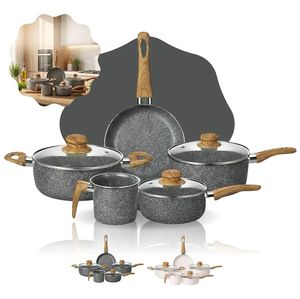 High Quality Ceramic Marble Coated <b>Pot</b> Pan Glass Lids Wooden Soft touch Handles Non Stick 8-Piece Aluminium Cookware <b>Set</b> - Product Image 6