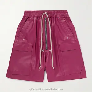 Custom drawstring exposed zip cargo pockets leather shorts for men