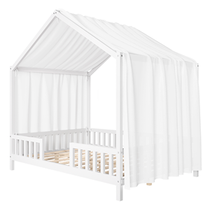 Cama Infantil de Tamaño Completo, Cama <span class=keywords><strong>Montessori</strong></span> de Madera <span class=keywords><strong>Blanca</strong></span> con Techo y Dosel - Product Image 3