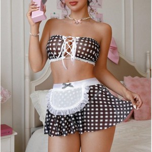Set di Lingerie Sexy a Quadri per Donne, Costume da Cameriera con Pizzo, Gonna Corta, Shapewear Sottile, Travestimento da Servitrice - Product Image 6