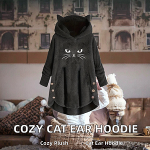 Women's Casual Spring Autumn Winter <b>Plush</b> Letter Animal Print <b>Cat</b> Ears Hooded Sweatshirt Long-Sleeved Flannel Pullover - Product Image 2
