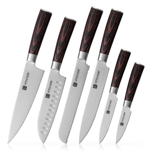 Juego de 6 Cuchillos de Cocina Profesionales de Acero Alemán X50CrMoV15, Cuchillos de Acero Inoxidable con Mango Ergonómico de Madera Pakka para OEM - Product Image 1