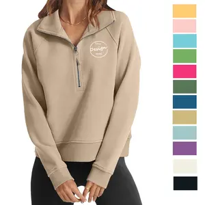 Pullover con mezza Zip in pile di cotone personalizzato felpa con Zip 1/4 felpa con cappuccio da donna a maniche lunghe color kaki vuota con stampa serigrafica