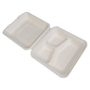 Biodegrabable Foaming Clamshell Lunch Box with 3 compartment Bagasse pulp BT026-1