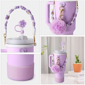 Cadena de flores con dije de corazón para botella de agua - Tapa de pajita Begonia, llavero de bola de peluche, accesorios para bebidas con certificación CE - Product Image 2