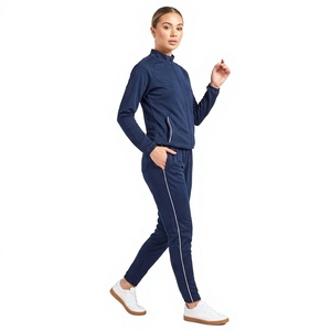 Ensemble de survêtement sportif bleu marine uni pour femme avec veste à col montant à manches longues et pantalon long pour le printemps - Product Image 4
