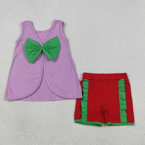 New Arrive Toddler Baby <b>Clothes</b> Set Baby Girls Purple Sleeveless Green Bows Tops Ruffle Shorts Set - Product Image 2