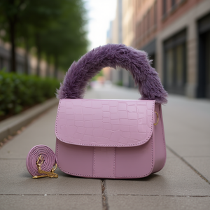 Sac bandoulière Fana Youth Lilac à motif crocodile avec garniture en fourrure et fermeture éclair 17x9 cm – Sac à main tendance pour femme - Product Image 2