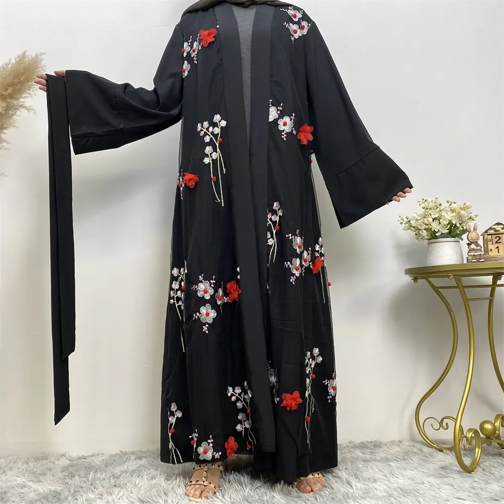 Eid 3D ricamo fiore maglia Cardigan classico abito musulmano abito musulmano donna manica lunga nuovo doppio Chiffon Abaya