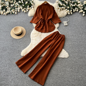 Conjuntos Casuales de 2 Piezas para <span class=keywords><strong>Mujer</strong></span>, Camisa de Manga 3/4 con Cuello y Cordón en la Cintura, Pantalones Anchos con Cintura Elástica, Conjuntos de Primavera/Verano - Product Image 4