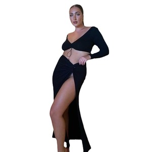 2 Pieces Summer Sexy Outfits Bikinis & Beachwear High Waist Slit Long <b>Skirt</b> and Long-Sleeved V Neck Crop Top Set - Product Image 6
