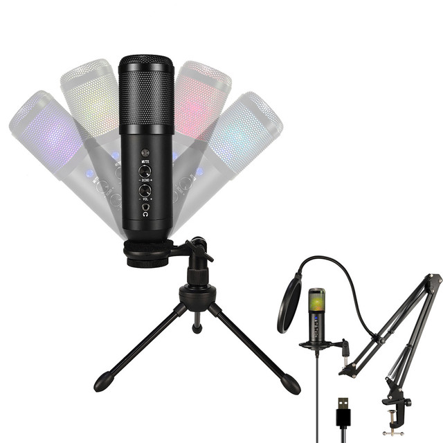 Live Karaoke RGB Light Voice Recording USB Condenser Studio MIC Gaming Computer Microphone with Stand and Arm