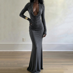 Vestido Maxi Gris para Mujer, Cuello en V Profundo, Manga Larga, Fruncido, Cruzado, Ecológico, Transpirable, Nuevo para Otoño, Fiesta, Club, Estilo Sirena - Product Image 1