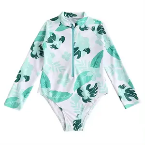 Custom Wholesale Zipper Print Breathable Kids Long Sleeve UV Protection Swimwear Girls 13 Years