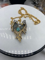 Collier Pendentif Cœur d'oiseau d'amour exquis bicolore or et argent, incrusté de strass et de turquoise, bijoux vintage tendance pour cadeau