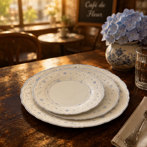 Juego de Vajilla de Cerámica Azul Floral Vintage Francés, Apto para Microondas, con Platos, Tazón, Taza y Platillo con Borde Festoneado, Chaozhou - Product Image 1