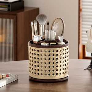 Vintage Style Rotary Makeup Organizer With Partitions Desktop Storage Cylinder Brown <b>Black</b> 4 In 1 - Product Image 2
