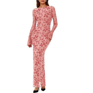 Elegante <span class=keywords><strong>Vestido</strong></span> de Malla <span class=keywords><strong>Ajustado</strong></span> con Bordado Floral y Manga Larga para Damas, <span class=keywords><strong>Vestido</strong></span> Formal para Invitadas de Boda, <span class=keywords><strong>Vestido</strong></span> de Cóctel, Logotipo Personalizado - Product Image 1