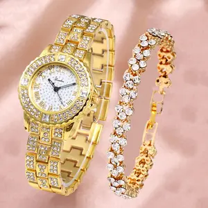 Reloj de pulsera dorado de acero inoxidable para mujer, accesorio de pulsera dorado con diamantes
