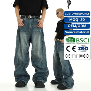 Jeans amples en denim coupe droite de haute qualité, personnalisés OEM, pour hommes, décontractés, printemps-automne, tissés, effet vieilli, poids lourd - Product Image 1