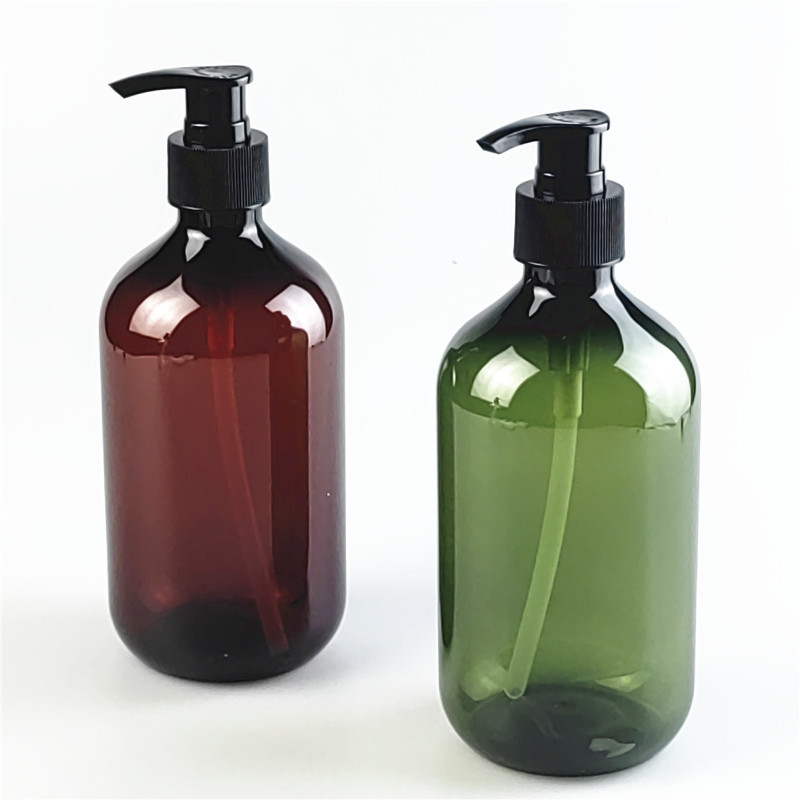 Boston Round Green Plastic Lotion Pump for Cylinder-Shaped Brown Shower Gel Shampoo Bottle