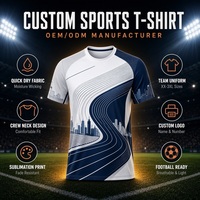 T-shirt de sport OEM ODM à séchage rapide, motif Skyline Urbain, bleu marine colorblock, col rond, uniforme d'équipe, vente en gros