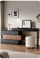 Ensemble de coiffeuse moderne avec miroir rond, tiroirs de rangement incurvés, bureau de maquillage et tabouret pour chambre à coucher et décoration intérieure