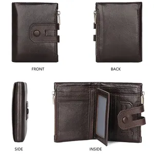 Hot Sale Cowhide Mini Genuine Leather Wallets RFID Blocking Luxury Gents Custom Zipper Mens Slim Wallet With Chain Wallets