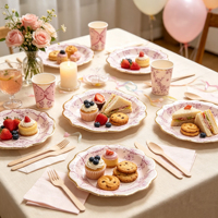 Vente chaude Assiettes et gobelets en papier jetables écologiques personnalisés à motifs floraux Design moderne pour fête