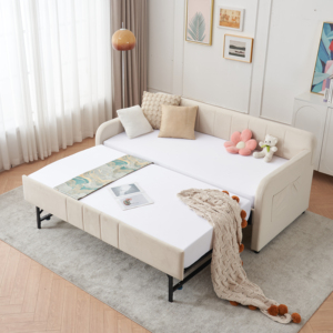 Sofá <span class=keywords><strong>Cama</strong></span> Individual Tapizado con Base de Madera y Soporte de Láminas, Ideal para Dormitorio, Sala de Estar y Habitaciones de Invitados, Color Beige - Product Image 4