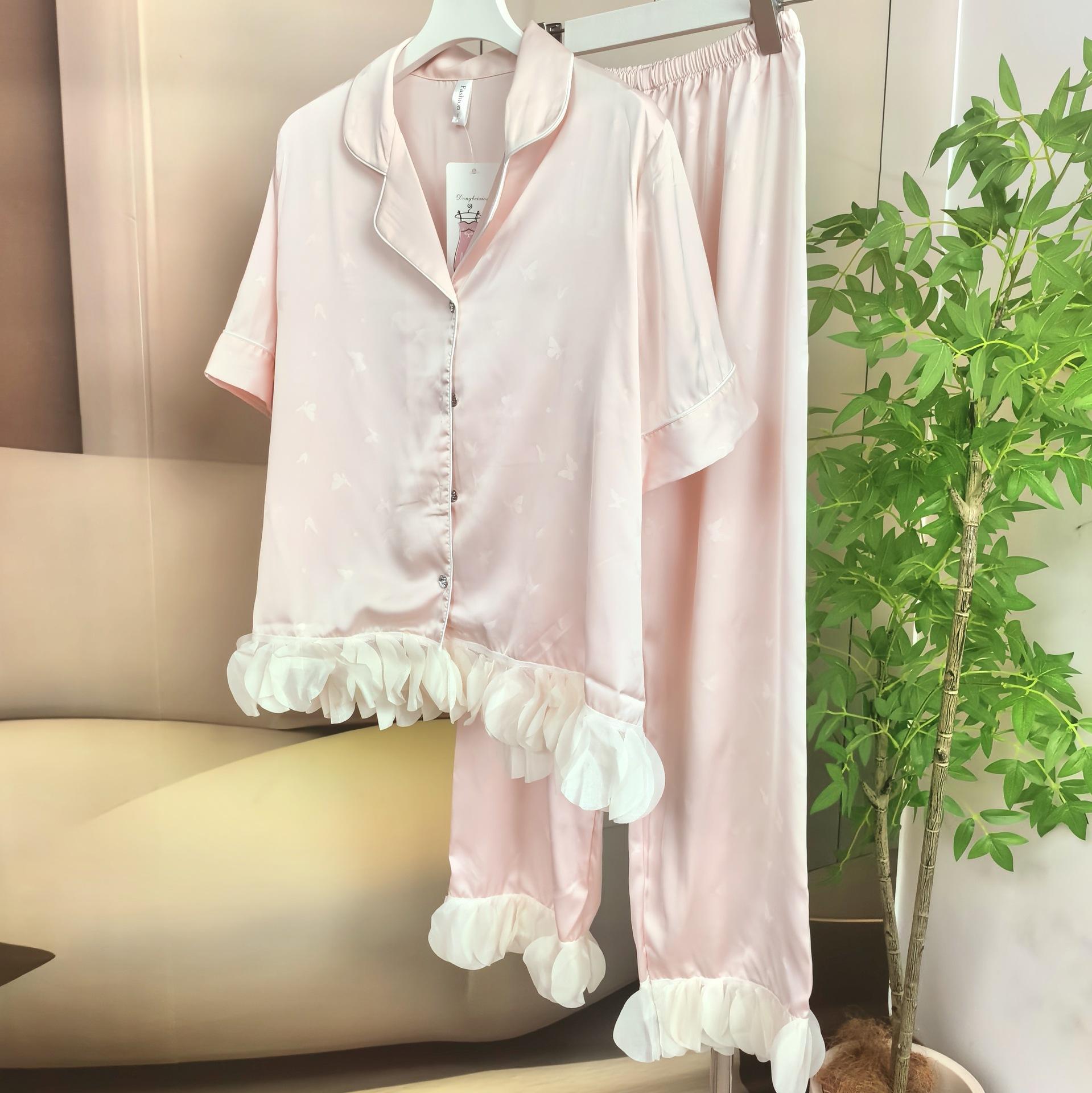 Pink embossed short-sleeve long pants 2-piece set