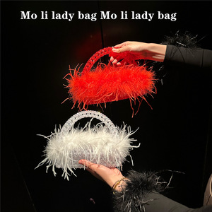 Bolso de noche casual con solapa de perlas y diamantes de imitación en forma de cruz, estilo pelo de avestruz, hecho a mano, para mujer, tipo cubo cuadrado, para fiestas y eventos. - Product Image 6