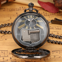 Reloj de Bolsillo Musical Steampunk Negro con Diseño de Locomotora de Vapor y Cadena