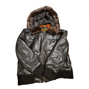 Veste en cuir de mouton avec doublure en fausse fourrure et fourrure véritable au col et à la capuche - Product Image 3
