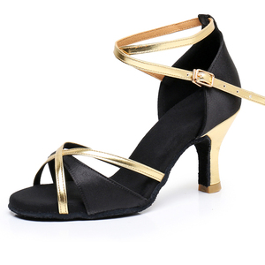 Scarpe da Ballo Latino/Sala da Ballo per Donna con Tacco 7cm, Tomaia in Raso Blu e Suola in Pelle Bovina - Product Image 1