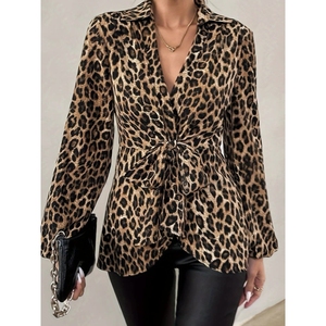 เสื้อแขนยาวคอวีลูกไม้พิมพ์ลายเสือดาวสำหรับผู้หญิงเสื้อแฟชั่นใหม่ - Product Image 6