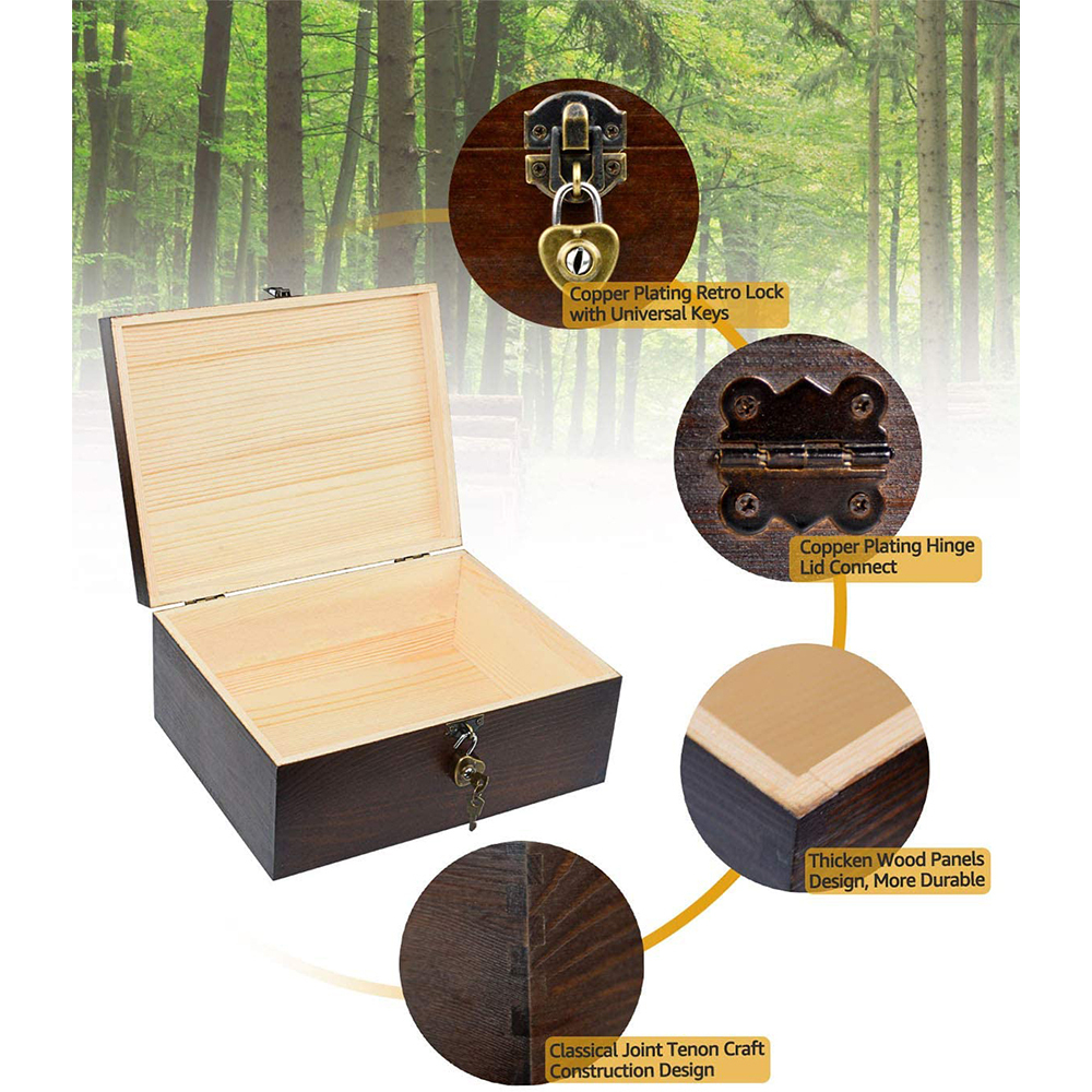 Boîte De Rangement en bois avec Serrure et Clés Décoratifs Boîtes à Souvenirs En Bois Coffre Au Trésor Bijoux Bibelots