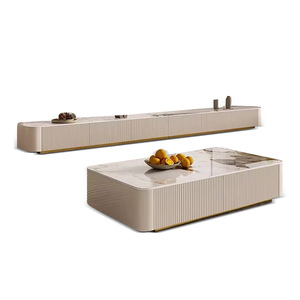 Mesa de centro de placa de roca estilo Wabi-Sabi minimalista italiano, combinación de gabinete de TV bajo para apartamento de casa pequeña pintada a mano para - Product Image 1