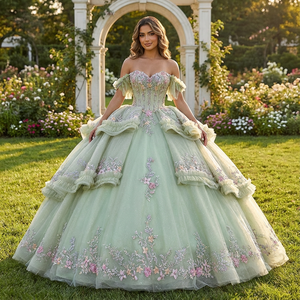 Robe de bal longue vert sauge avec appliques de sequins et taille naturelle Dy6921 - Product Image 1